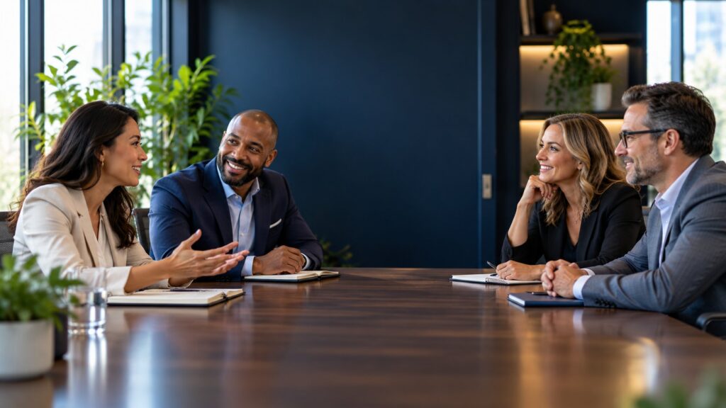 Four professionals discussing staffing needs around a conference table